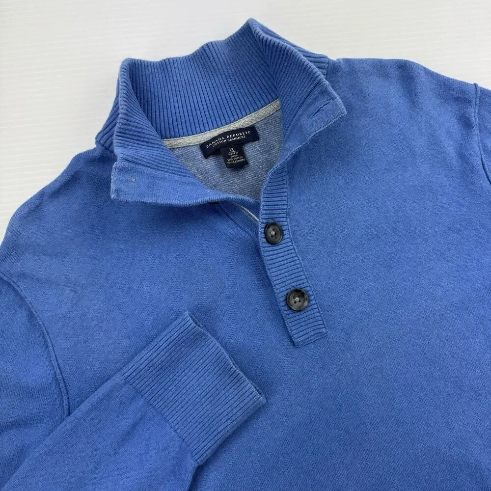 Banana Republic Men’s XL Blue Cotton Cashmere Mock Neck Button Preppy Sweater